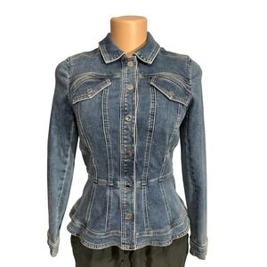 White House Black Market Womens XS Blue Denim Peplum Jacket Medium Wash Stretch
